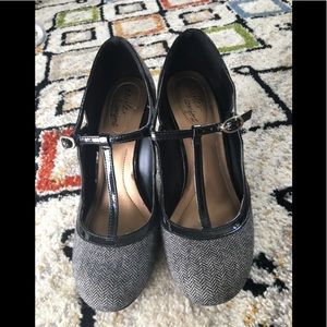 T-Strap gray herringbone heels